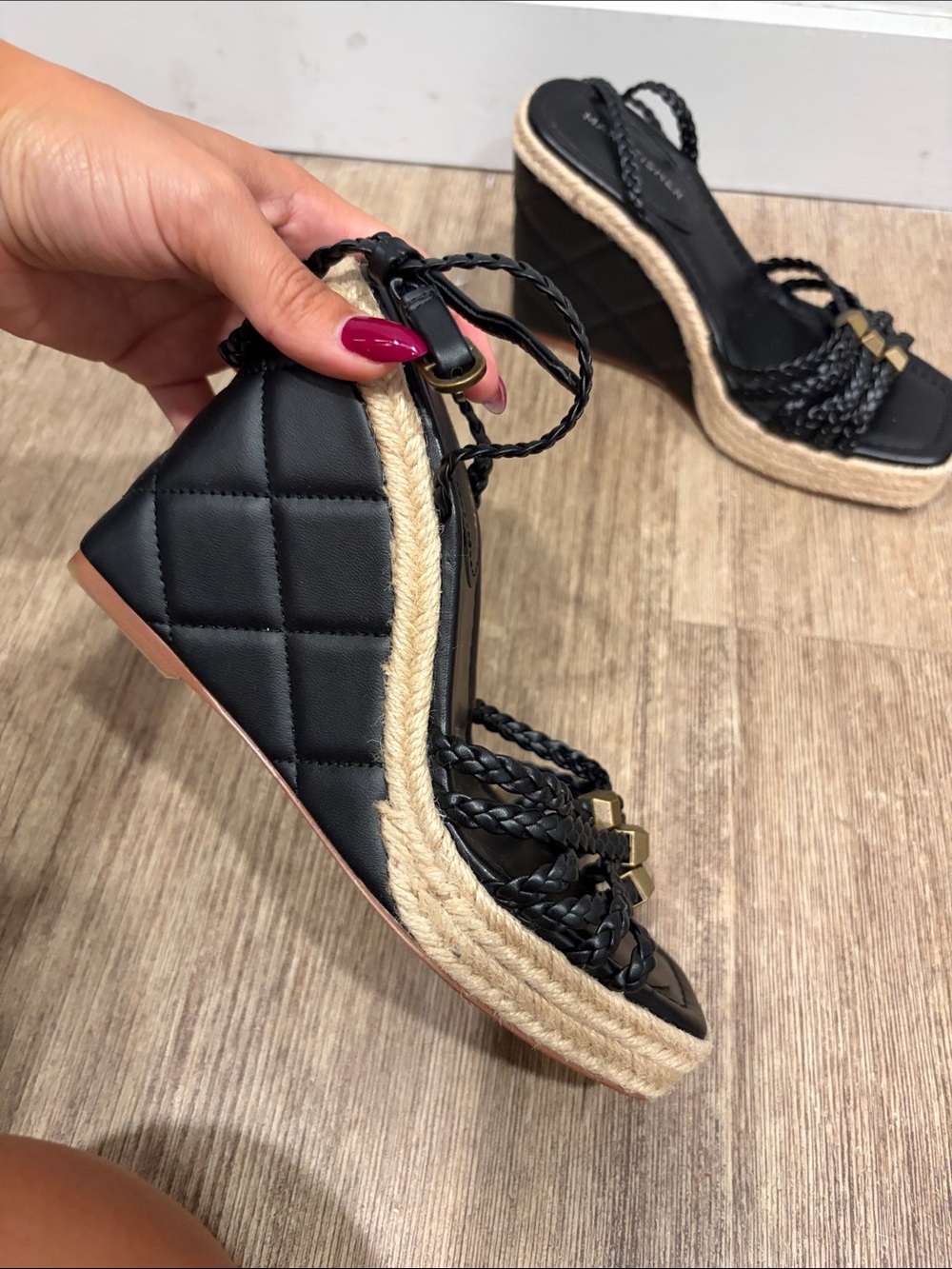 Marc Fisher Black Braided Espadrille Wedge Sandals with Gold Accents